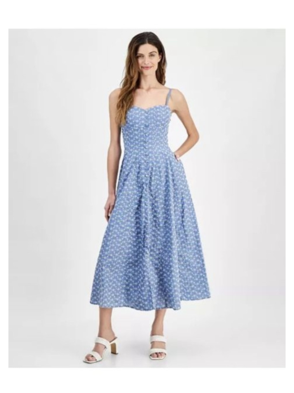 Women's Taylor Blue & White Floral eyelet Aline summer Midi Dress Plus Size 16